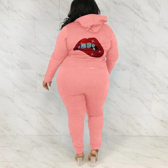 Women Fashionable Back Lips Rhinestone Print Long Sleeve Top Pants Casual Two-Pi - Picture 4 of 16